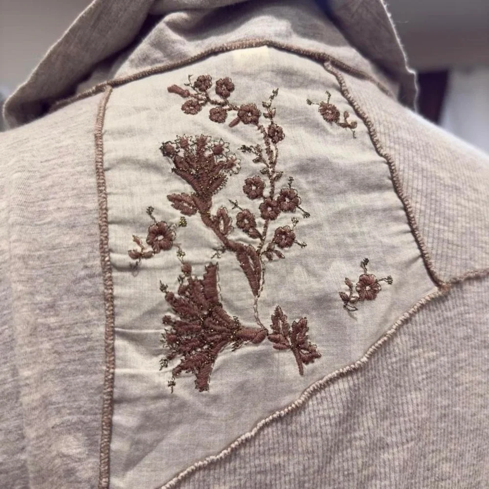 TINY: Anthropologie embroidered thermal with slouchy cowl neck and‎ exposed seam